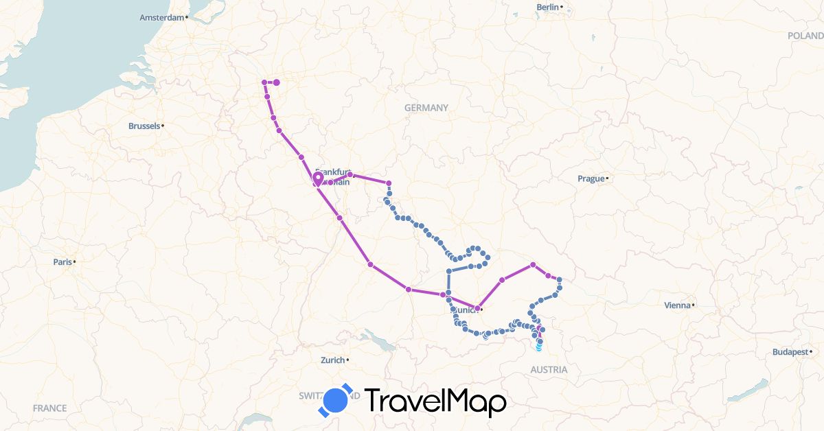 TravelMap itinerary: driving, cycling, train, boat in Austria, Germany (Europe)